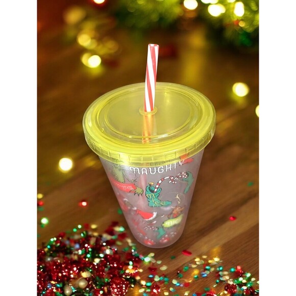 Dr. Seuss The Grinch Plastic 16 oz. Tumbler w/ Candy Cane Straw "Naughty or Nice - Picture 4 of 5